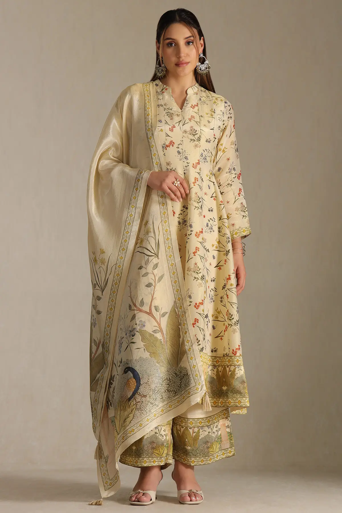 Beige Tissue Botanical Print Suit Set With Sequins Womens Soch Ewa5cd22272a 01